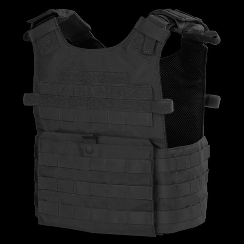 The Condor Gunner Plate Carrier is a black tactical vest with adjustable shoulder straps, front Velcro patches, and MOLLE webbing—perfect for the shooting range or first responders.